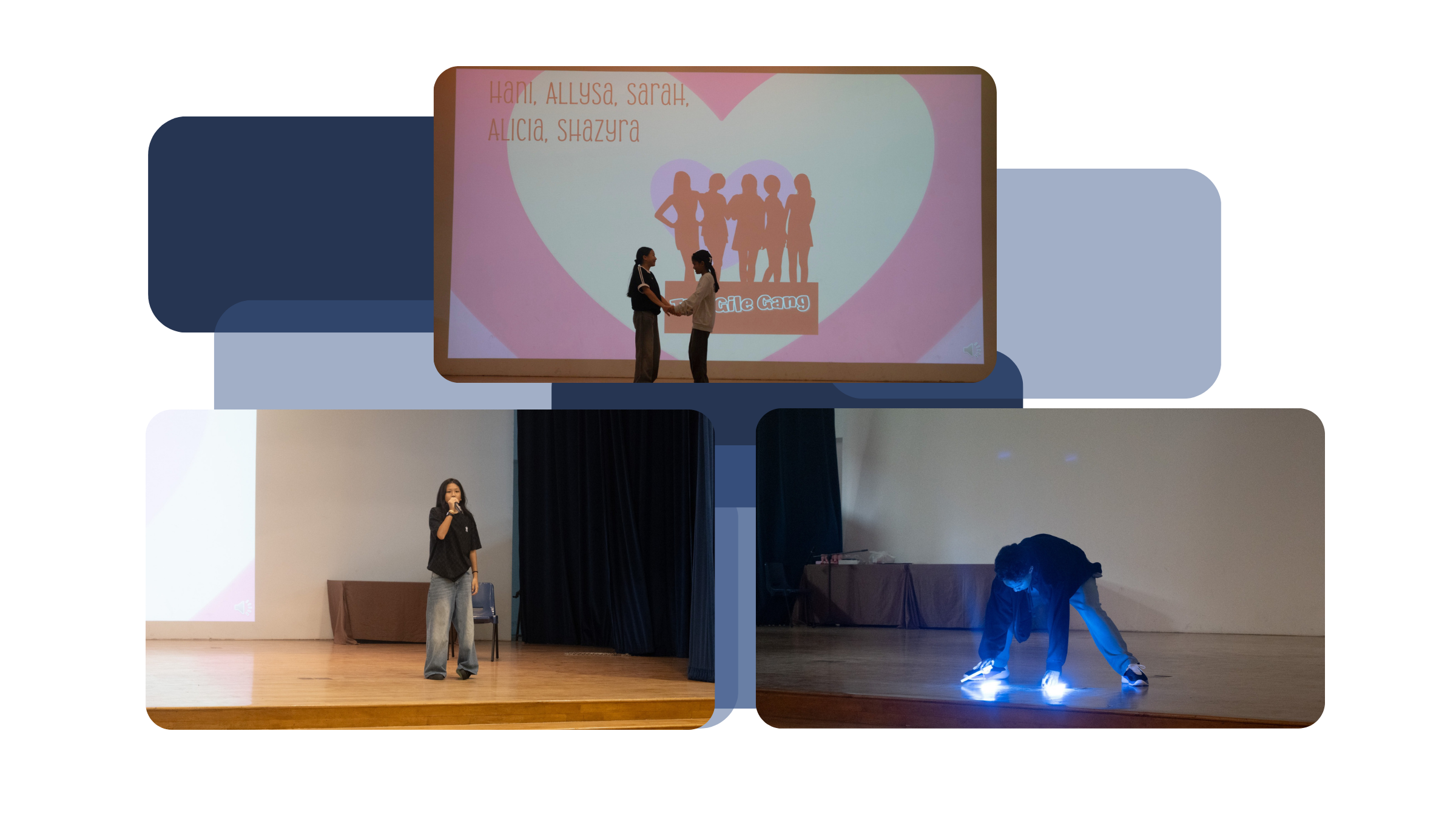 Students performing at Siling Got Talent, with two students presenting on stage in front of a projected slide, a student singing solo on stage with a micropohone, and a student performing a dance move with blue LED glow sticks.